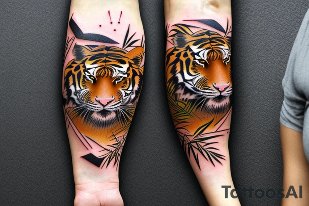 Full body tiger with bamboo jungle in background full cover lower arm  Japanese style fillings tattoo idea