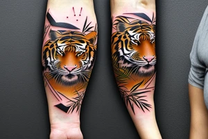 Full body tiger with bamboo jungle in background full cover lower arm  Japanese style fillings tattoo idea