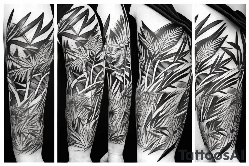 Full body tiger with bamboo jungle in background full cover lower arm  Japanese style fillings tattoo idea