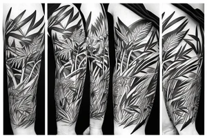 Full body tiger with bamboo jungle in background full cover lower arm  Japanese style fillings tattoo idea