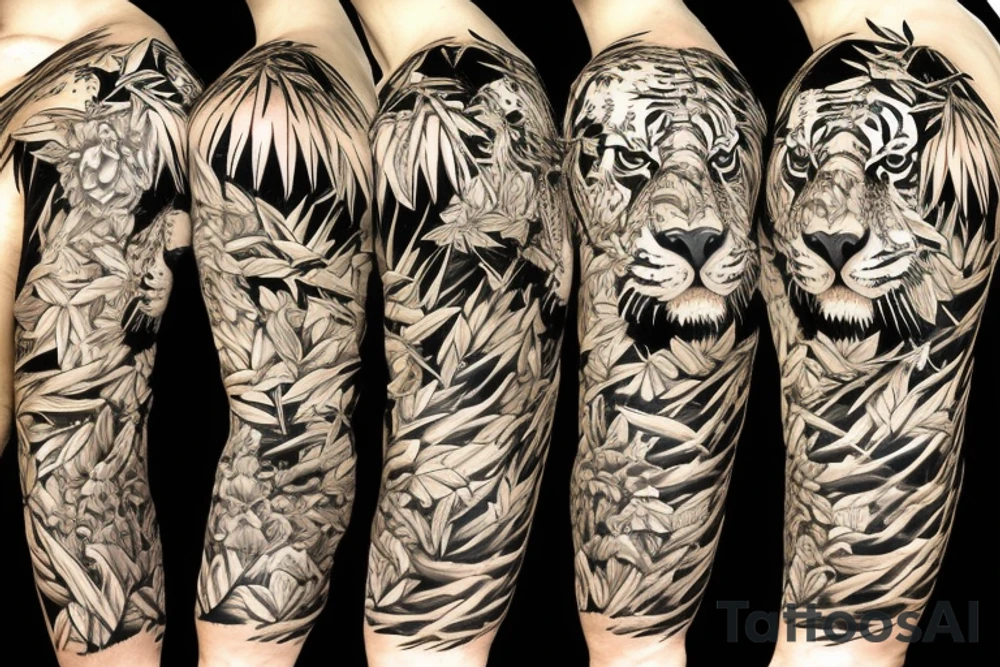 Full body tiger with bamboo jungle in background full cover lower arm  Japanese style fillings tattoo idea