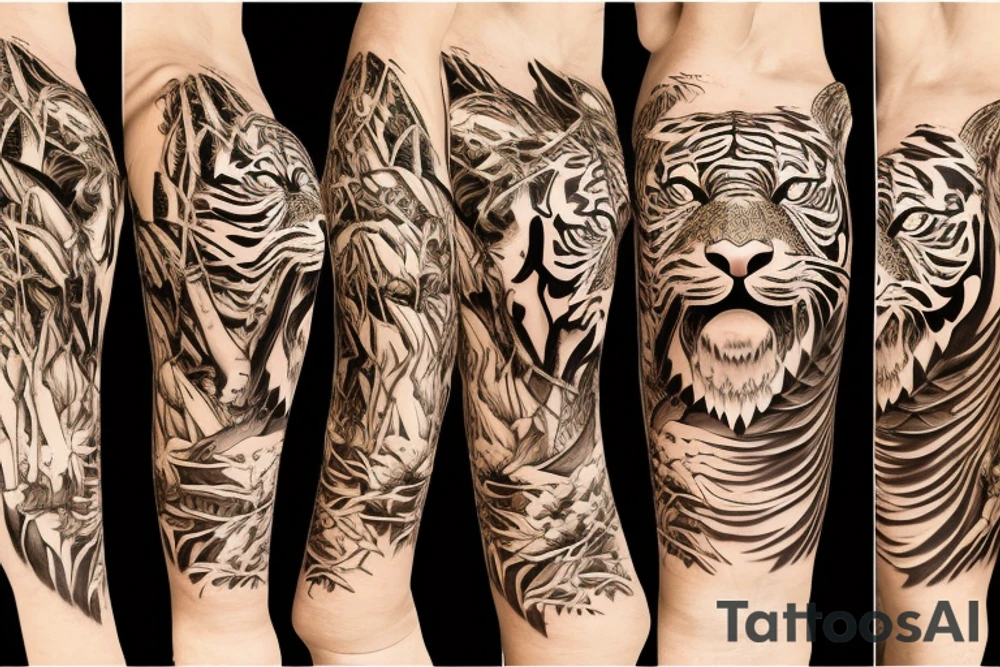 Full body tiger with bamboo jungle in background full cover lower arm  Japanese style fillings tattoo idea