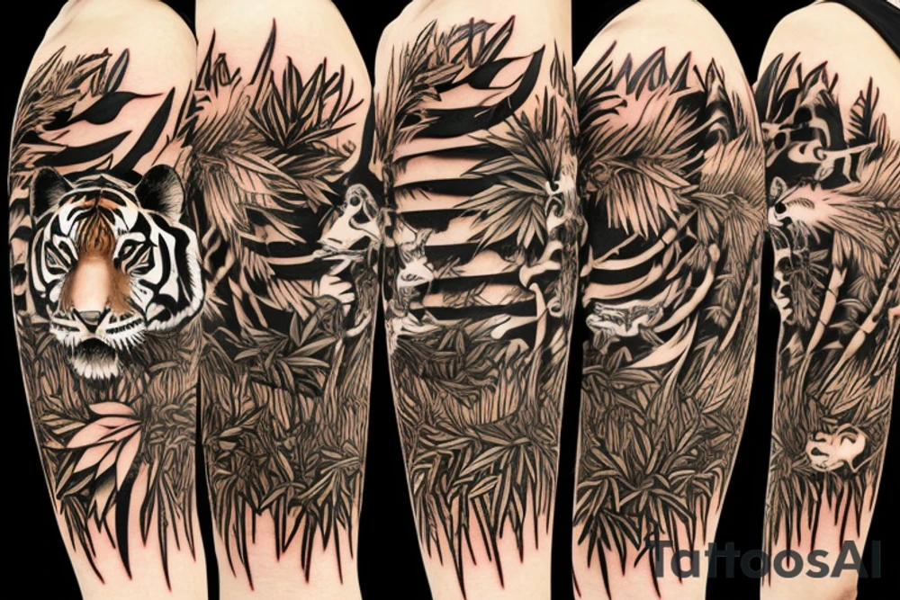 Full body tiger with bamboo jungle in background full cover lower arm  Japanese style fillings tattoo idea