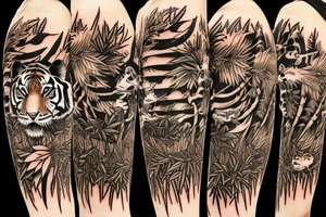Full body tiger with bamboo jungle in background full cover lower arm  Japanese style fillings tattoo idea