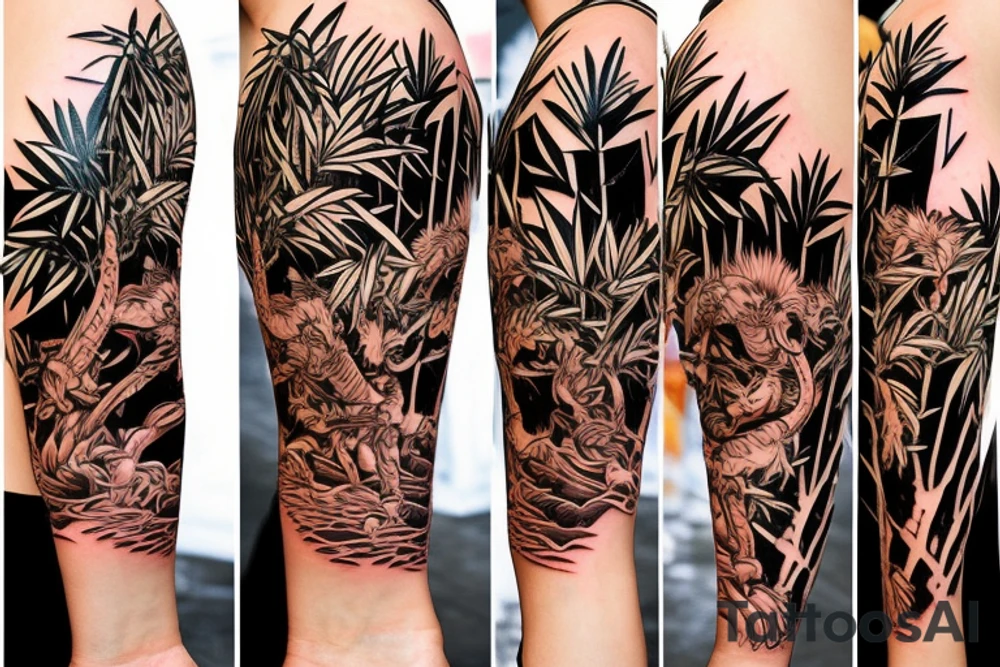 Full body tiger with bamboo jungle in background full cover lower arm  Japanese style fillings tattoo idea