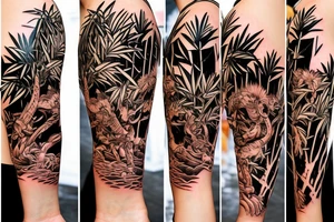 Full body tiger with bamboo jungle in background full cover lower arm  Japanese style fillings tattoo idea