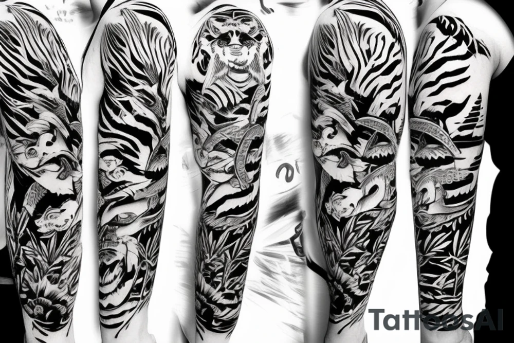 Full body tiger with bamboo in background full cover lower arm  Japanese style fillings tattoo idea