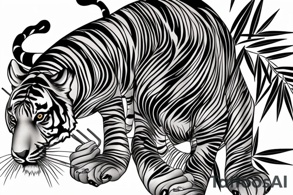 Full body tiger with bamboo in background full cover lower arm  Japanese style fillings tattoo idea