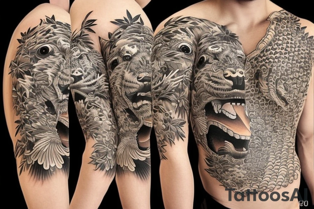 Full body tiger with bamboo in background full cover lower arm  Japanese style fillings flowers tattoo idea