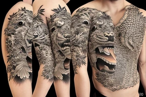 Full body tiger with bamboo in background full cover lower arm  Japanese style fillings flowers tattoo idea
