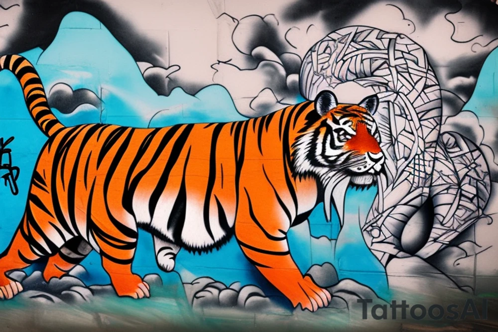 Running tiger with bamboo in background full cover graffiti tattoo idea