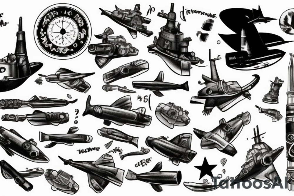 Us submarine and russian submarine shooting torpedoes at each other tattoo idea