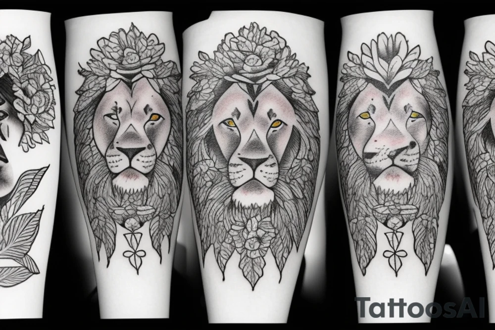 lion and flowers tattoo idea