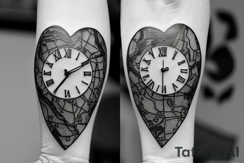 A clock on top of a sand timer with a bike chain running it. An old fashioned style map of Kent with the names Isabella, Ethan and Joshua featured on it. A heart with Claire written on and all elements merged together artistically. tattoo idea