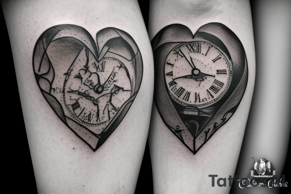 A clock on top of a sand timer with a bike chain running it. An old fashioned style map of Kent with the names Isabella, Ethan and Joshua featured on it. A heart with Claire written on and all elements merged together artistically. tattoo idea