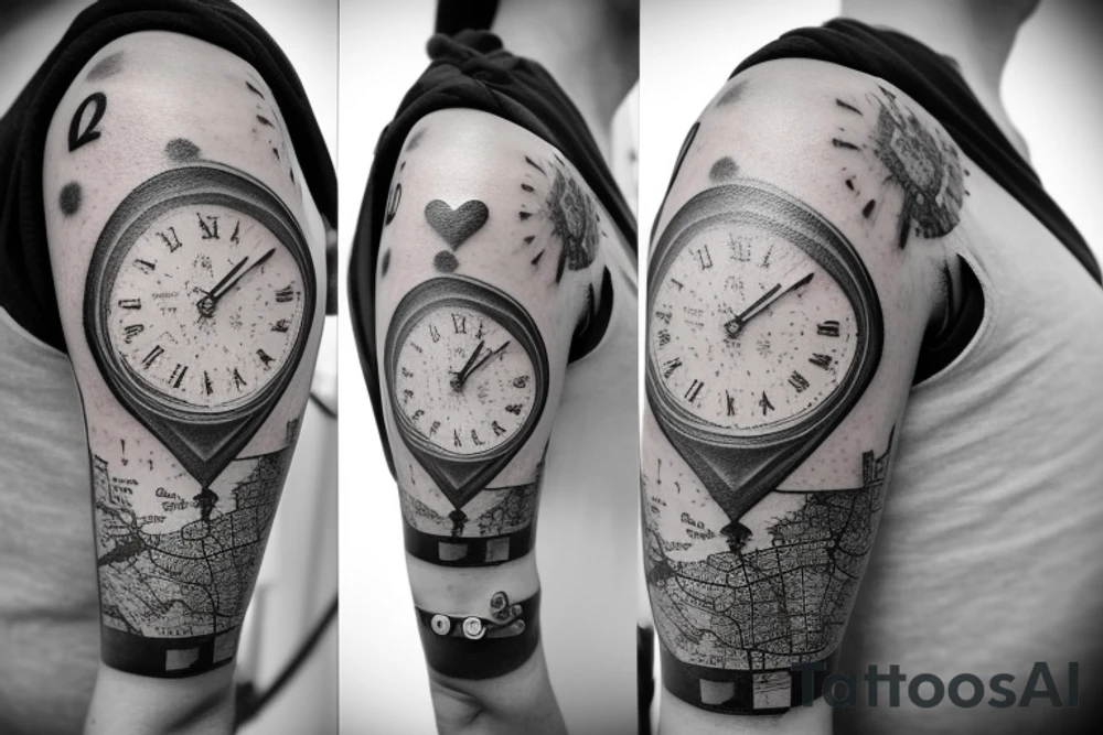 A clock on top of a sand timer with a bike chain running it. An old fashioned style map of Kent with the names Isabella, Ethan and Joshua featured on it. A heart with Claire written on and all elements merged together artistically. tattoo idea