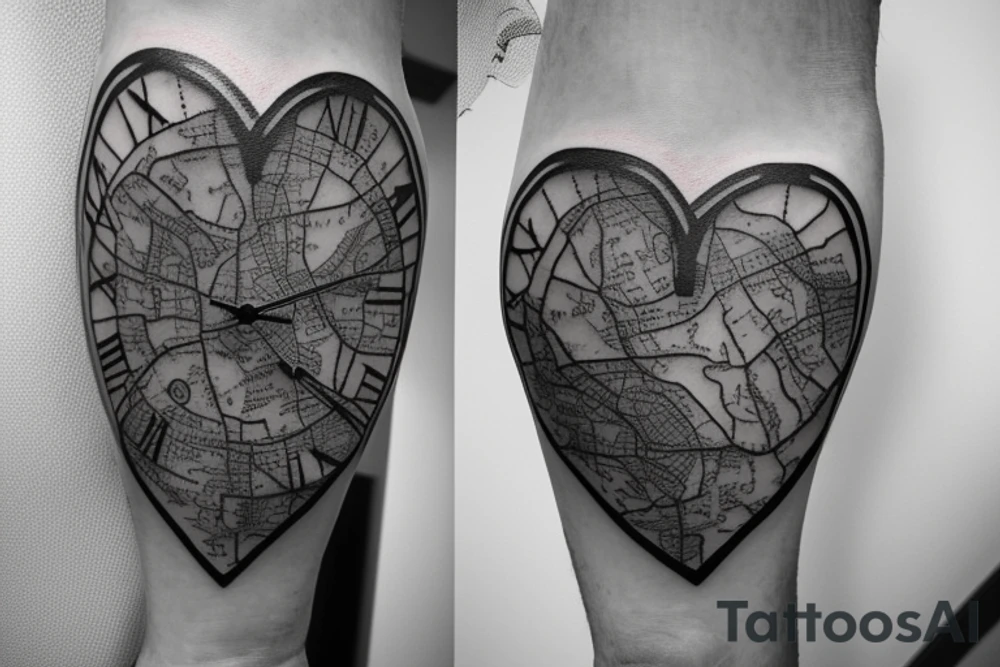 A clock on top of a sand timer with a bike chain running it. An old fashioned style map of Kent with the names Isabella, Ethan and Joshua featured on it. A heart with Claire written on and all elements merged together artistically. tattoo idea