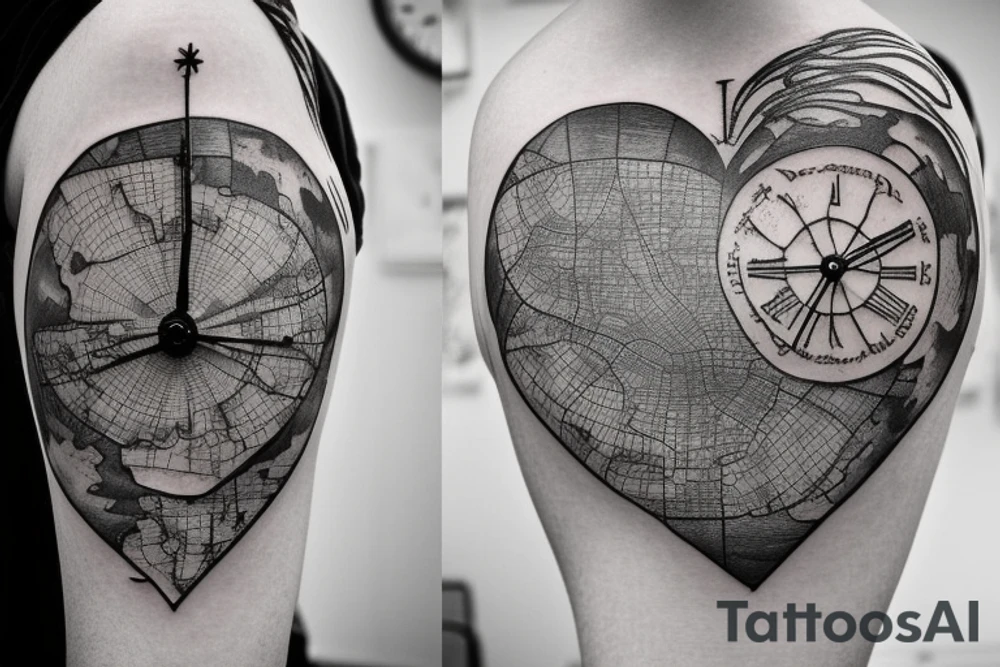 An old fashioned style map of Kent with the words Isabella, Ethan and Joshua written on it. 
A heart with Claire written inside.
A clock on top of a sand timer with a bicycle mechanism. All elements merged together artistically. tattoo idea