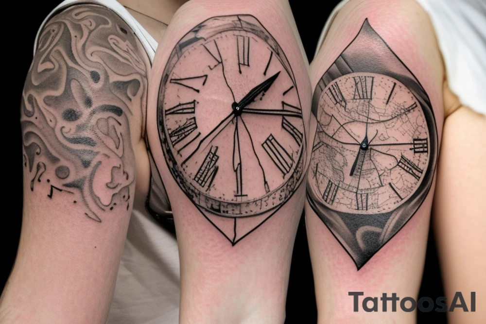 An old fashioned style map of Kent with the words Isabella, Ethan and Joshua written on it. 
A heart with Claire written inside.
A clock on top of a sand timer with a bicycle mechanism. All elements merged together artistically. tattoo idea