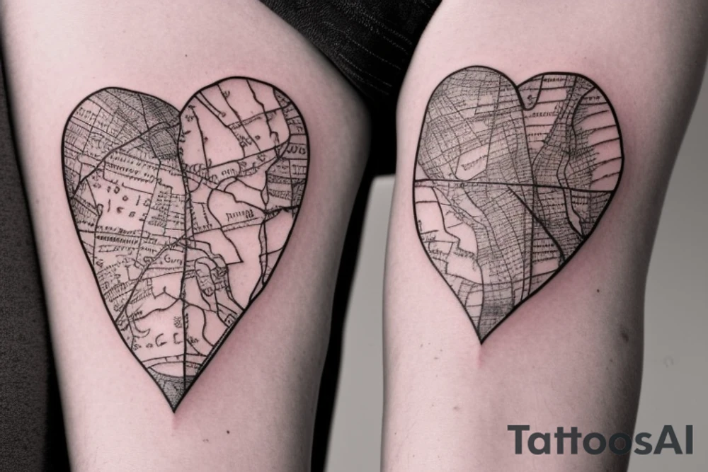 An old fashioned style map of Kent with the words Isabella, Ethan and Joshua written on it. 
A heart with Claire written inside.
a sand timer with a bicycle mechanism. All elements merged together artistically. tattoo idea