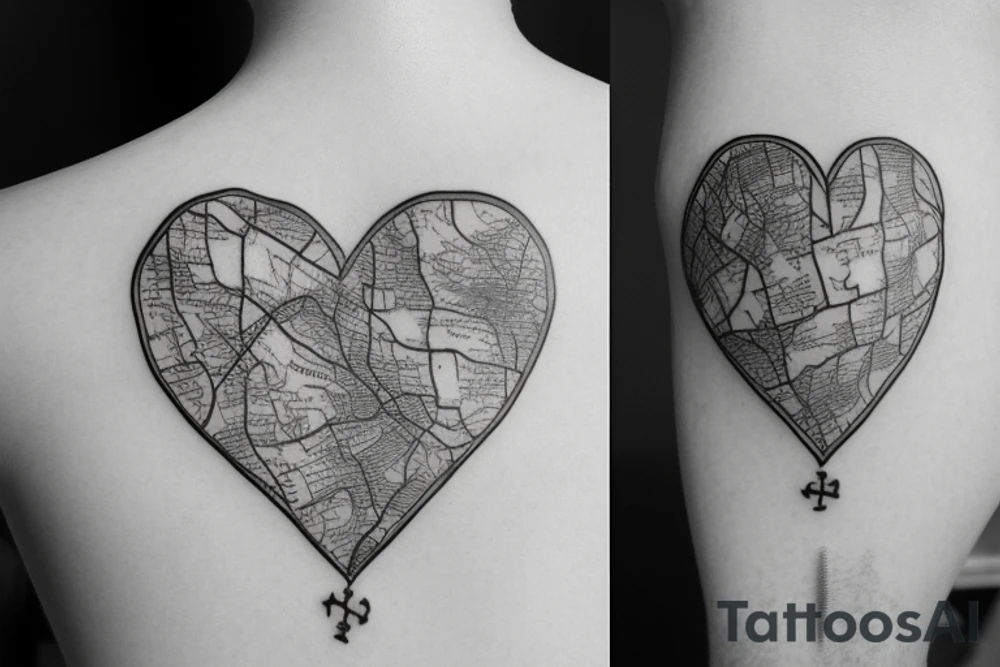 An old fashioned style map of Kent with the words Isabella, Ethan and Joshua written on it. 
A heart with Claire written inside.
a sand timer with a bicycle mechanism. All elements merged together artistically. tattoo idea