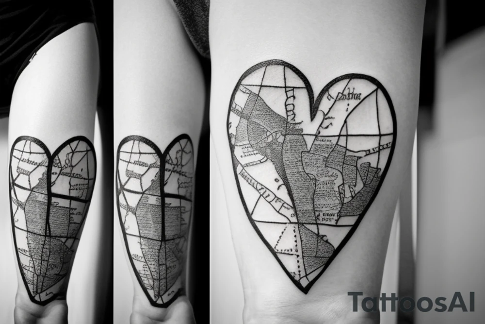 An old fashioned style map of Kent with the words Isabella, Ethan and Joshua written on it. 
A heart with Claire written inside.
a sand timer with a bicycle mechanism. All elements merged together artistically. tattoo idea