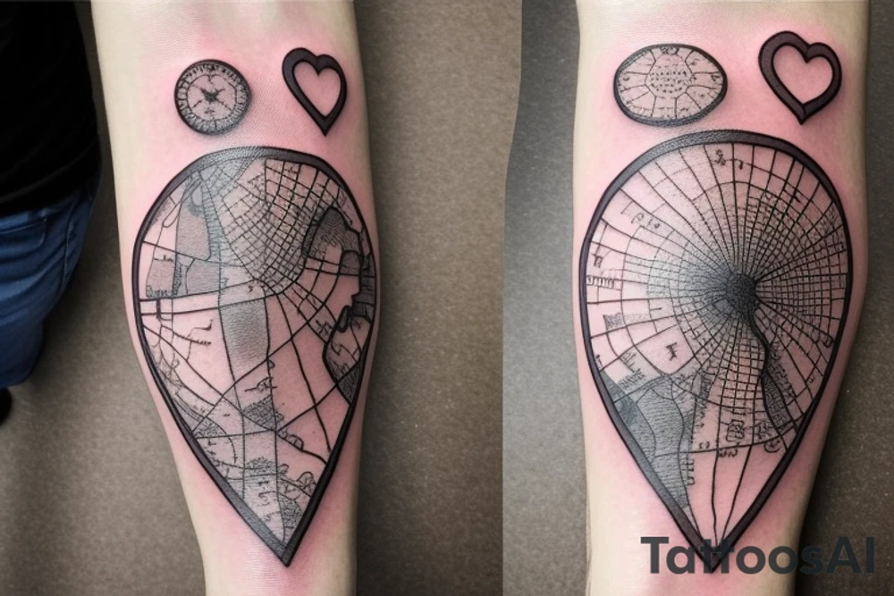 An old fashioned style map of Kent with the words Isabella, Ethan and Joshua written on it. 
A heart with Claire written inside.
a sand timer with a bicycle mechanism. All elements merged together artistically. tattoo idea