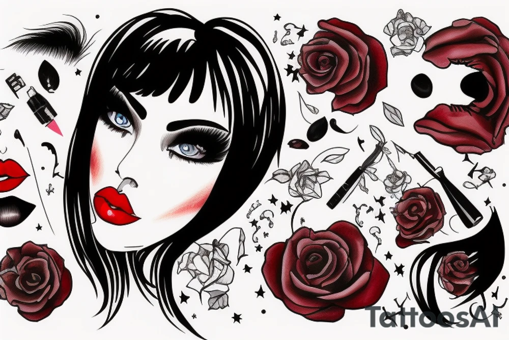 Black hair with bangs woman with big red lips and high cheekbones tattoo idea