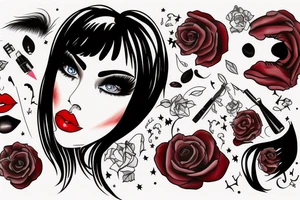 Black hair with bangs woman with big red lips and high cheekbones tattoo idea