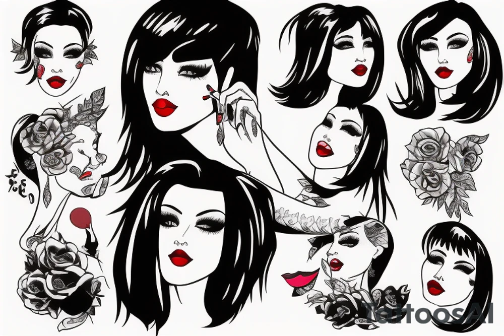 Black hair with bangs woman with big red lips and high cheekbones tattoo idea