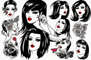 Black hair with bangs woman with big red lips and high cheekbones tattoo idea