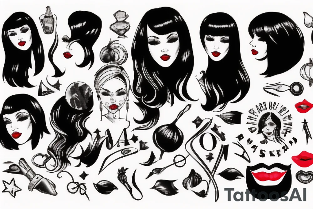 Black hair with bangs woman with big red lips and high cheekbones tattoo idea