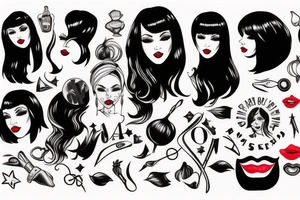 Black hair with bangs woman with big red lips and high cheekbones tattoo idea