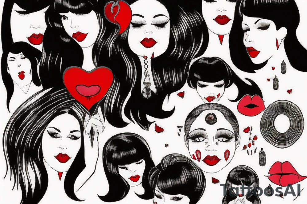 Black hair with bangs woman with big red lips and high cheekbones tattoo idea