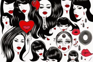 Black hair with bangs woman with big red lips and high cheekbones tattoo idea