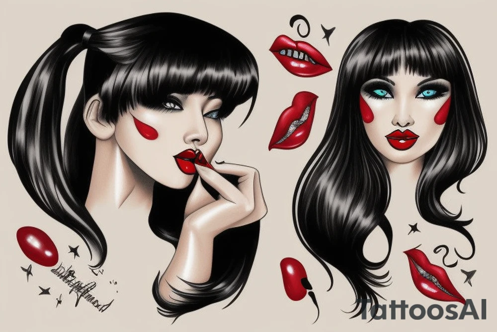 Black hair with bangs woman with big red lips and high cheekbones tattoo idea
