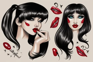 Black hair with bangs woman with big red lips and high cheekbones tattoo idea