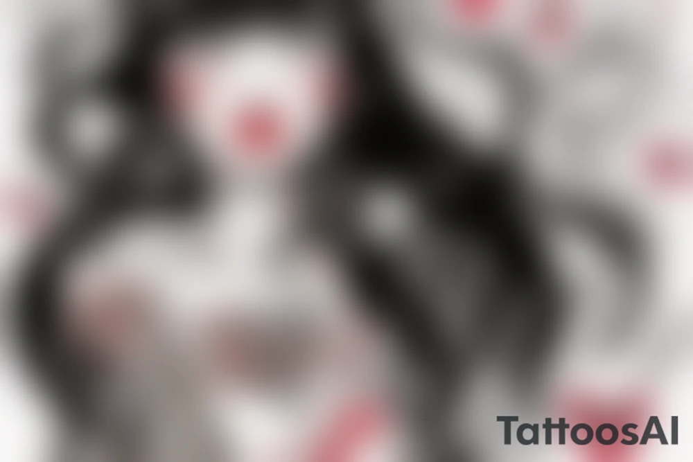 Black hair with bangs woman with big red lips and high cheekbones tattoo idea