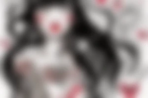Black hair with bangs woman with big red lips and high cheekbones tattoo idea