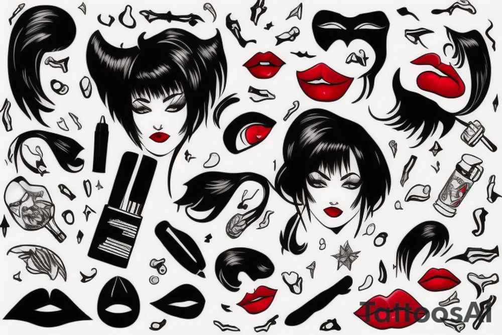 Black hair with bangs woman with big red lips and high cheekbones tattoo idea