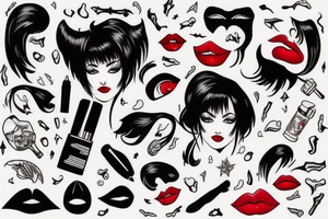 Black hair with bangs woman with big red lips and high cheekbones tattoo idea