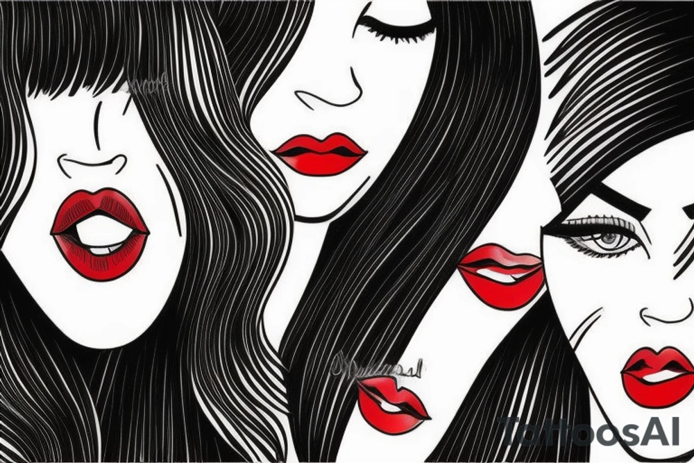 Black hair with bangs woman with big red lips and high cheekbones tattoo idea
