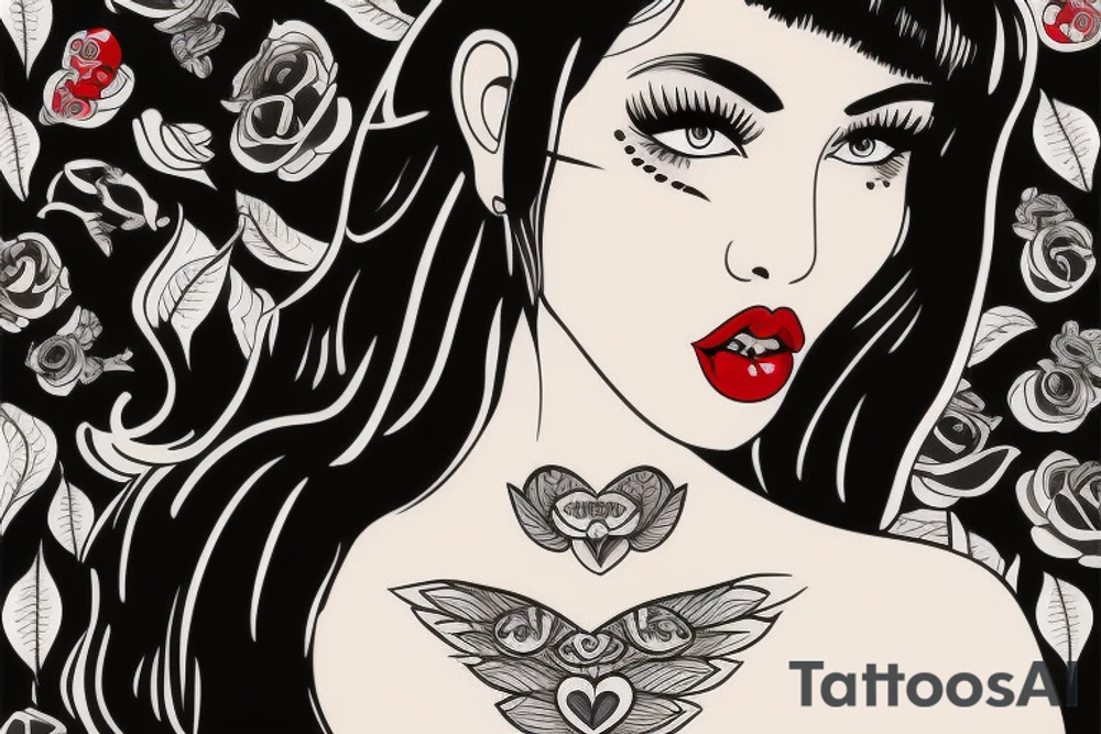 Black hair with bangs woman with big red lips and high cheekbones tattoo idea