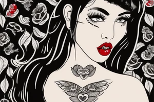 Black hair with bangs woman with big red lips and high cheekbones tattoo idea