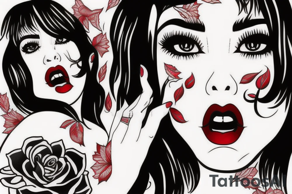 Black hair with bangs woman with big red lips and high cheekbones tattoo idea