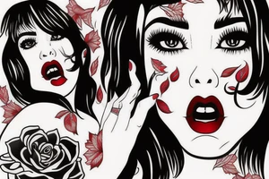 Black hair with bangs woman with big red lips and high cheekbones tattoo idea