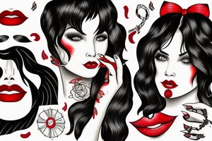 Black hair with bangs woman with big red lips and high cheekbones tattoo idea