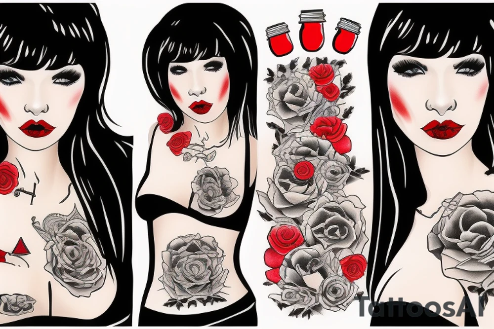 Black hair with bangs woman with big red lips and high cheekbones tattoo idea