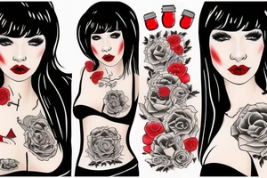 Black hair with bangs woman with big red lips and high cheekbones tattoo idea