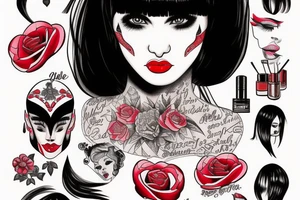 Black hair with bangs woman with big red lips and high cheekbones tattoo idea